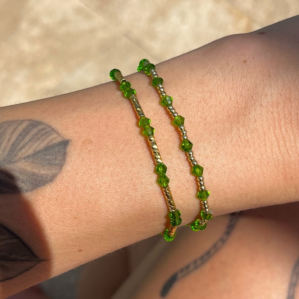 Green and Gold Beaded Bracelet | Handmade Stretch